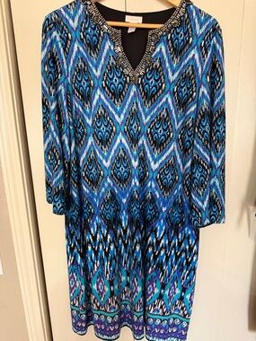 Chico's Blue Teal Purple Patterned Midi Dress with Embellished V-Neck size XL (3